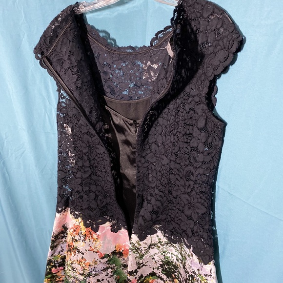 Teri Jon by Rickie Freeman Black 3D Lace Cap Sleeve Floral Print Midi Dr… - Picture 11 of 16